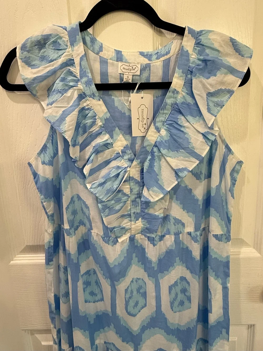 NWT Mud Pie Tanya Maxi Dress Small Blue White Floral Ikat Ruffle Tiered